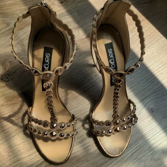 Sergio Rossi Crystal Stud Rose Gold Strappy Stiletto Heels - Picture 7 of 12